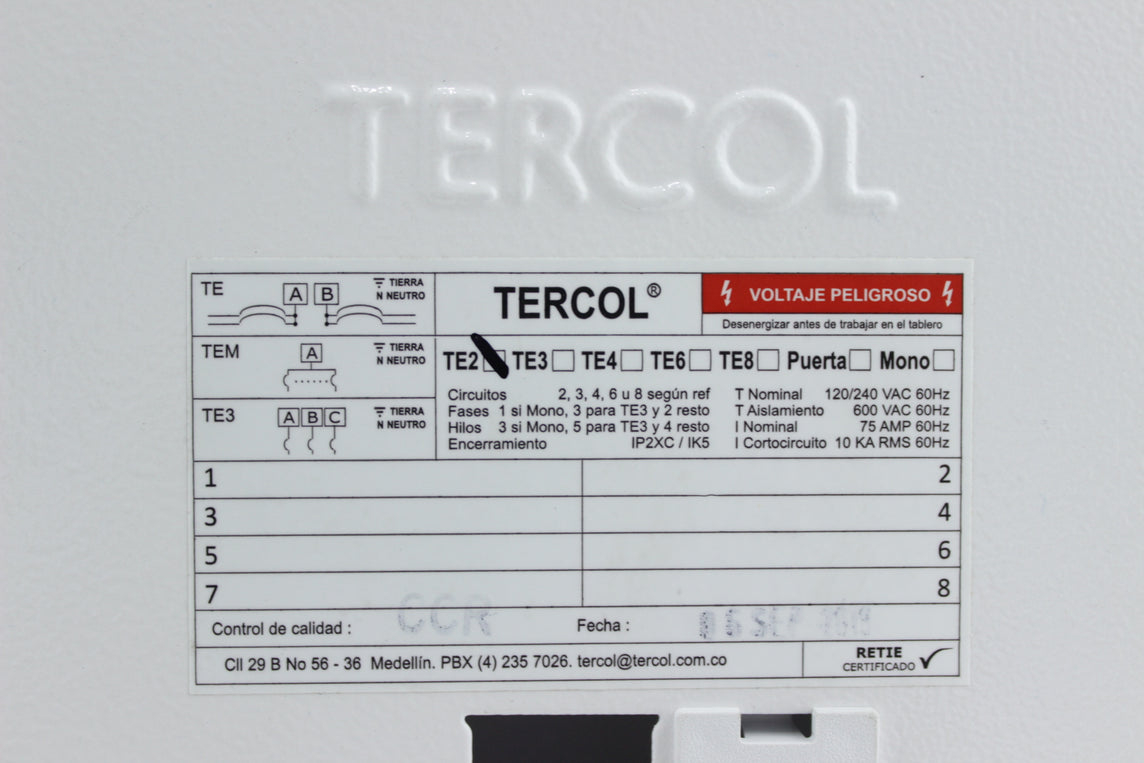 TABLERO 2 CTOS MONOFASICO 75 A TERCOL