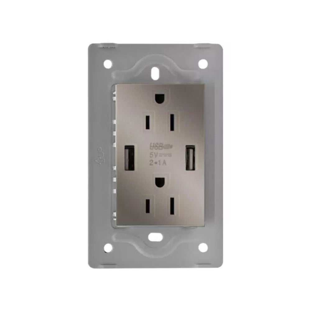TOMA DOBLE + CONECTOR USB DOBLE GRIS PLATA MILETTO V3-032